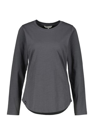 Dunkelgraues Langarmshirt mit Rundhalsausschnitt, leicht geschwungenem Saum und einem kleinen schwarzen Etikett an der unteren linken Seite.