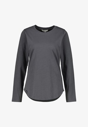 Dunkelgraues Langarmshirt mit Rundhalsausschnitt, leicht geschwungenem Saum und einem kleinen schwarzen Etikett an der unteren linken Seite.