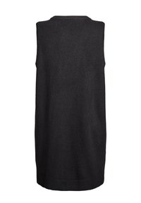 Must musta lõhikuga kootud kampsun, pehme tekstuuriga, soonikkoes krae ja sirge lõikega, tagaküljel pikem serv lisakatvuse tagamiseks.