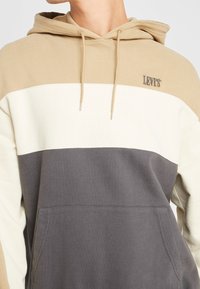 Sudadera con capucha fabricada en una suave mezcla de algodón, con bloques horizontales de color beige, blanco y gris oscuro. Incluye un bolsillo delantero y un logo.