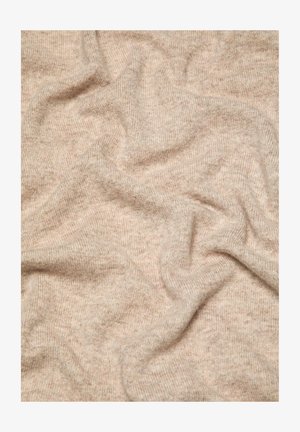 Beige knitted fabric with a soft texture, featuring subtle ribbing and a slightly heathered appearance, draped in gentle waves.