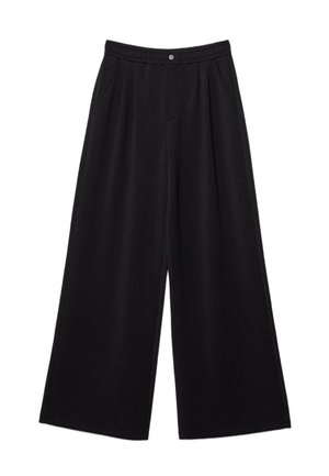 Černé široké kalhoty s vysokým pasem, elastickým pasem, předním knoflíkem a bočními kapsami, zobrazené na bílém pozadí.