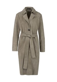 Suede trench coat in light gray with a single button closure, belt tie, and long sleeves. Features a notched collar and smooth texture.