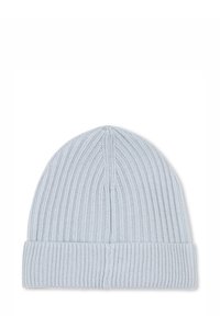 Bonnet tricoté bleu clair avec une texture côtelée, présentant un revers replié et un design de couronne sans couture.