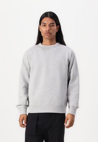 Felpa grigio chiaro in misto cotone, con scollatura a girocollo, maniche lunghe, polsini a coste e vestibilità comoda. Indossata con pantaloni cargo scuri.