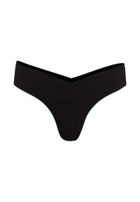 String noir avec un devant en V et une texture lisse et ribbed. La taille est large, offrant un ajustement sécurisé.