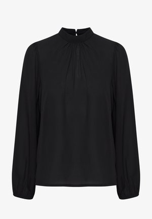 Svart langermet bluse med høy krage, plisserte frontdetaljer og elastiske mansjetter. Glatt, lett stoff med avslappet passform.