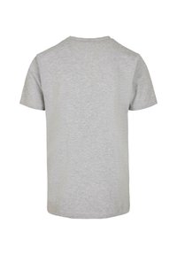 Grå kortærmet t-shirt, lavet af blødt bomuld, med klassisk rund halsudskæring og en glat, jævn overflade. Vist fra ryggen.