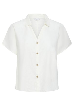 Biała bluzka z krótkim rękawem, kołnierzykiem i czterema beżowymi guzikami z przodu, wykonana z lekkiego materiału.
