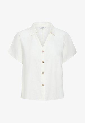 Biała bluzka z krótkim rękawem, kołnierzykiem i czterema beżowymi guzikami z przodu, wykonana z lekkiego materiału.
