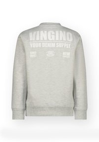 Sweatshirt gris clair à manches longues, col rond et avec un logo imprimé au dos, comportant divers éléments de texte en blanc.