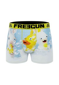 Boxer-briefs pour hommes avec un graphisme coloré de deux lapins de dessin animé avec un canard en caoutchouc, entourés de bulles. Ceinture élastique jaune.