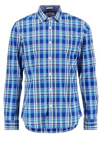 Camicia a maniche lunghe a quadretti blu e bianchi con colletto e piccolo logo sul lato sinistro del petto.
