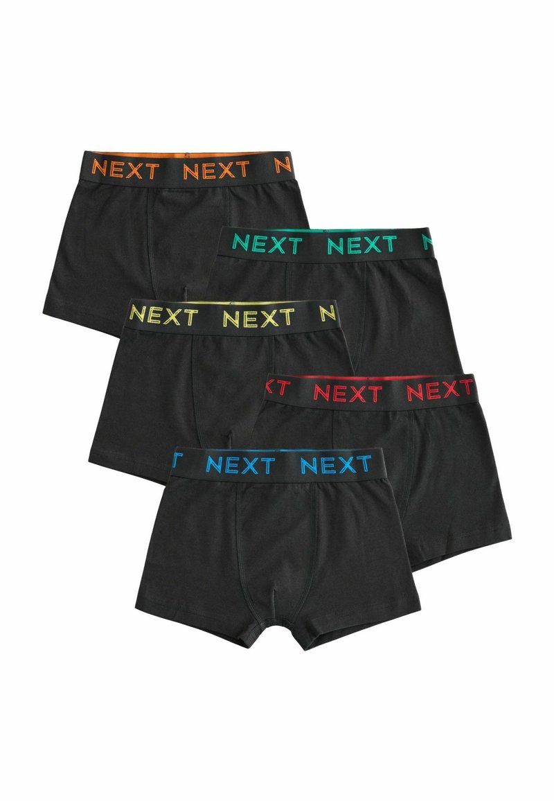 Černé Boxer šortky s barevnými elastickými pásy v oranžové, zelené, žluté, červené a modré barvě. Obsahují logo "NEXT" v kontrastních barvách.