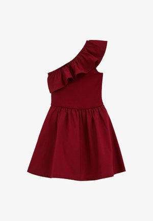 Ärmelloses rotes Kleid mit einem schulterfreien, gerafften Riemen und einer gesammelten Taille, die einen ausgestellten Rock bildet.