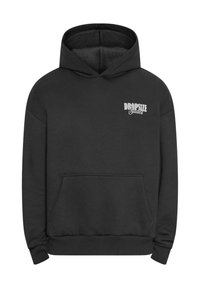 Black hoodie made of cotton blend, featuring a front pocket, ribbed cuffs, and a white logo on the left chest area. Classic pullover design.