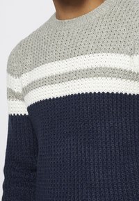 Le pull en maille présente un design rayé gris, blanc et bleu marine, avec un tissu texturé et un col rond. Le motif varie selon les sections.