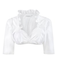 White cropped blouse with three-quarter sleeves, ruffled neckline, and decorative lace trim around edges. Smooth, lightweight fabric.