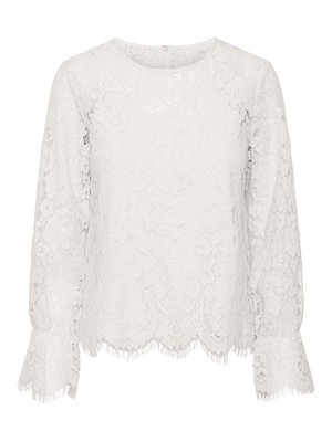 Valkoinen pitsitoppi, jossa on pitkät hihat, pyöreä kaula-aukko, sakarat alareunassa, jossa on fringed-reunat, ja kukkakuvioinen pitsikuvio koko vaatteessa.