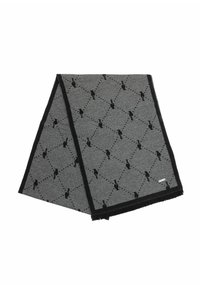 Szary szalik z diamentowym wzorem, ozdobiony czarnymi królikami, wykończony na czarno. Wykonany z miękkiego materiału, z frędzlami na końcach.