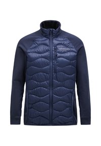 Navy insulated jacket with contrasting quilted pattern on the front, smooth sleeves, high collar, and a zippered chest pocket.