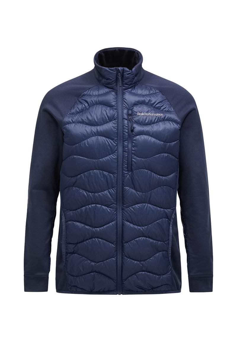 Navy insulated jacket with contrasting quilted pattern on the front, smooth sleeves, high collar, and a zippered chest pocket.