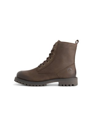 Bottine en cuir marron avec un bout rond, lacets à l'avant et semelle en caoutchouc texturé. Présente une languette et un logo subtil sur le côté.