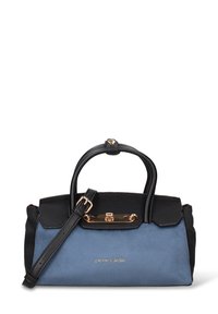 Borsa a mano in camoscio nero e blu, con design strutturato, dettagli in oro e doppi manici per il trasporto, dotata di tracolla removibile.