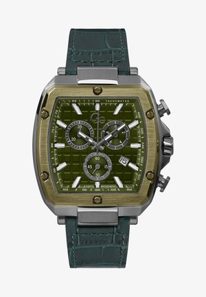 Firkantet kronograf ur med grøn tekstureret urskive, sølv- og guldkant, samt et grønt læderrem. Funktioner inkluderer subdial og datovisning.