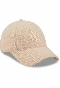 Cremfarbener Plüsch-Basecap mit gebogenem Schirm und gesticktem "NY"-Logo auf der Vorderseite. Weicher, texturiert Stoff mit sichtbaren Nähten.