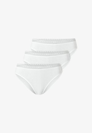Pack of three white cotton briefs with a smooth texture, featuring a decorative lace waistband in light gray. Each pair displays a classic cut.