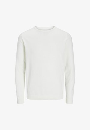 Biały sweter z dzianiny z długimi rękawami, okrągłym dekoltem oraz prążkowanymi mankietami i dolnym brzegiem. Gładka tekstura z prostym, minimalistycznym wzornictwem.