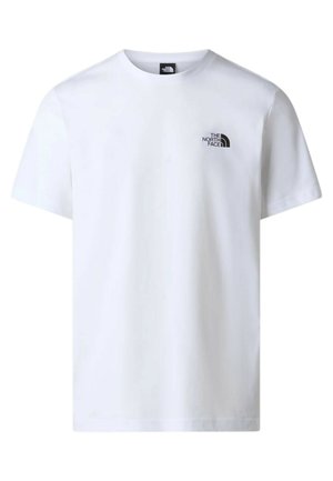 T-shirt bianca a maniche corte con scollo tondo e piccolo logo nero The North Face sul petto a sinistra.