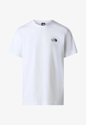 T-shirt bianca a maniche corte con scollo tondo e piccolo logo nero The North Face sul petto a sinistra.