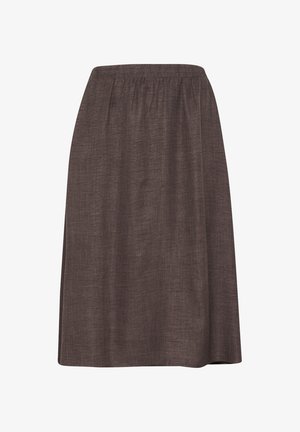 Brūna, līdz ceļiem gara svārku, kas izgatavota no viegla auduma. Iezīmē elastīgu jostu un gludu tekstūru bez redzamām rakstām vai akcentiem.