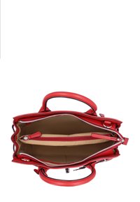Red leather handbag with dual handles, two compartments, and a zippered inner pocket. Smooth texture and contrasting tan lining.
