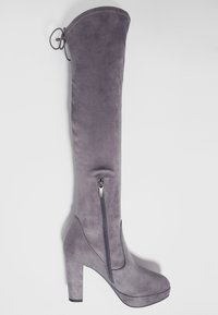 Bota gris por encima de la rodilla hecha de ante, con cremallera lateral, tacón alto robusto y puntera redondeada. Textura suave con una silueta ajustada.