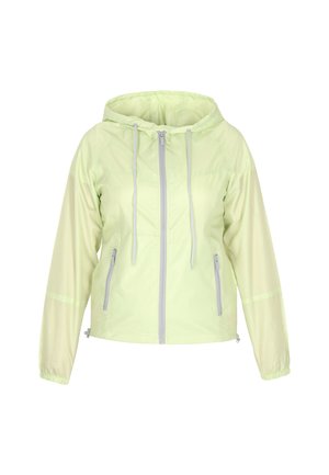 Svijetlozeleni kaput s kapuljačom izrađen od glatkog, laganog materijala sivoj patentni zatvarač, vezice i dva bočna džepa na zip.