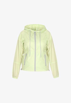 Svijetlozeleni kaput s kapuljačom izrađen od glatkog, laganog materijala sivoj patentni zatvarač, vezice i dva bočna džepa na zip.