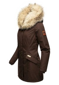Bruine waterdichte parka met een faux fur capuchon. Bevat een rits aan de voorkant, zijzakken en geribbelde manchetten. Gelaagd stof met een aansluitend ontwerp.