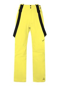 Gele waterdichte broek met zwarte overalbanden, twee knopen bij de taille en logo-detail nabij de zoom. Glad, duurzaam materiaal met een rechte pasvorm.