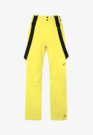 Żółte wodoodporne spodnie z czarnymi szelkami, dwa guziki w pasie i szczegóły logo blisko dołu. Gładki, trwały materiał o prostym kroju.