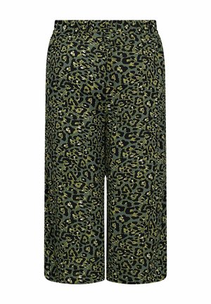Hlače širokih nogavica s leopard uzorkom i elastičnom waistband u nijansama zelene i crne. Lagani materijal s glatkom teksturom.