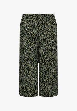 Leopard print wide-leg pants with an elastic waistband in shades of green and black. Lightweight fabric with a smooth texture.