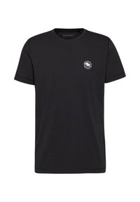 Zwarte katoenen t-shirt met een ronde hals, korte mouwen en een cirkelvormig logo op de linkerkant van de borst met een bergontwerp.