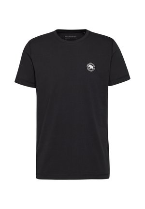 Black cotton t-shirt with a crew neckline, short sleeves, and a circular logo on the left chest featuring a mountain design.