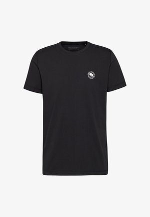 Sort bomulds T-shirt med rund hals, korte ærmer, og et cirkulært logo på venstre bryst med et bjergdesign.