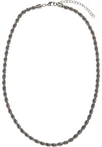 Collar de metal trenzado en tono plateado con un diseño retorcido y cierre de broche. Presenta una cadena ajustable para diferentes longitudes.