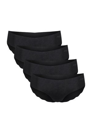 Quatre culottes hipster noires sans couture pour femmes empilées en diagonale avec une large ceinture et un logo subtil sur le côté gauche.