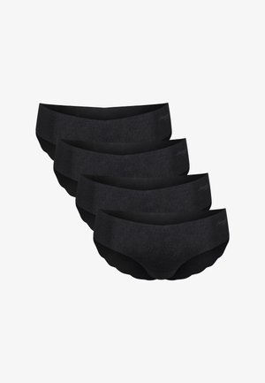 Cztery czarne, bezszwowe damskie majtki hipsterskie ułożone diagonalnie, z szerokim pasem i subtelnym logo po lewej stronie.